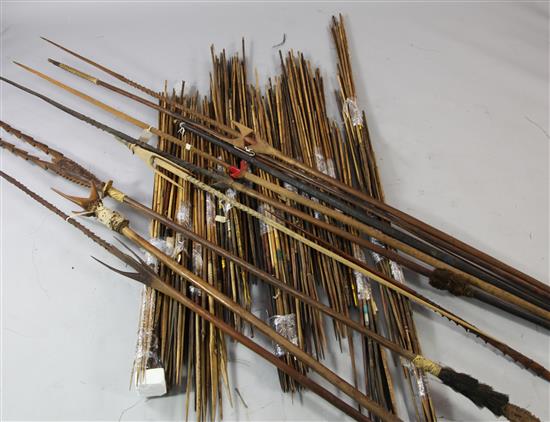 Collection of Sepik River tribal spears, bamboo arrows etc.